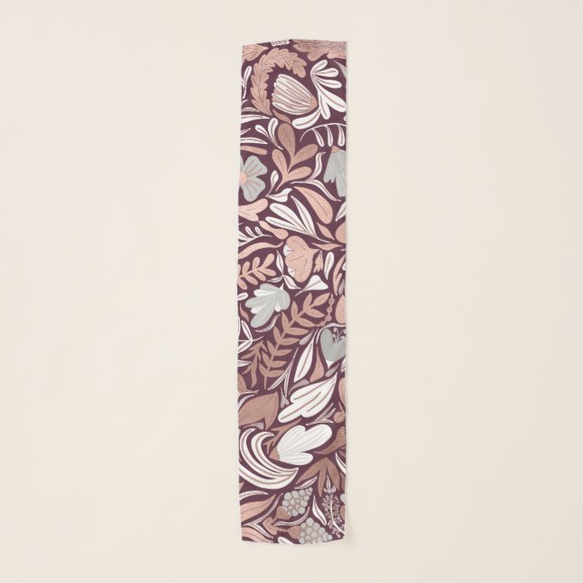 Rose Gold Burgundy Floral Illustration Pattern Scarf (Front)
