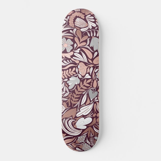 Rose Gold Burgundy Floral Illustration Pattern Skateboard (Front)