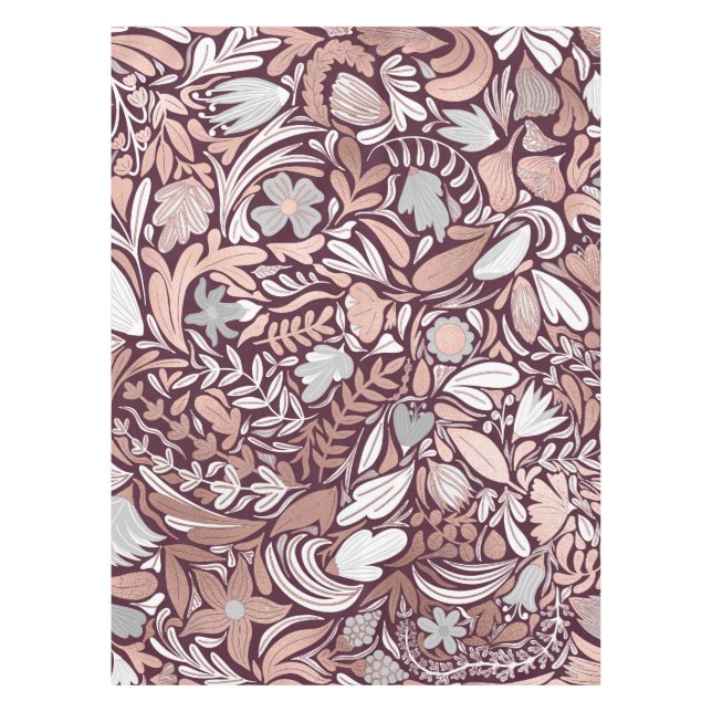 Rose Gold Burgundy Floral Illustration Pattern Tablecloth (Front)