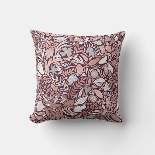 Rose Gold Burgundy Floral Illustration Pattern Throw Pillow