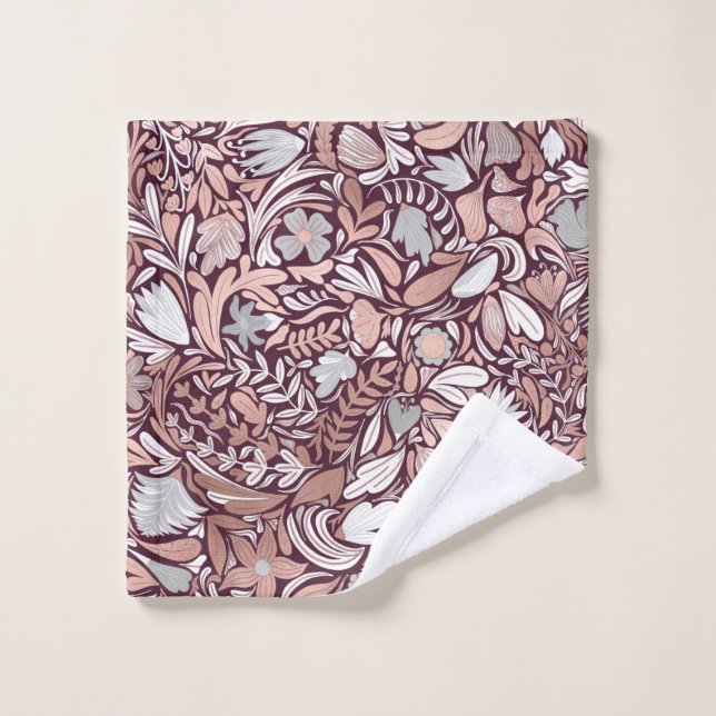 Rose Gold Burgundy Floral Illustration Pattern Wash Cloth (Wash Cloth)