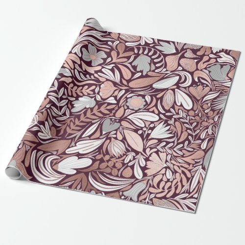 Rose Gold Burgundy Floral Illustration Pattern Wrapping Paper