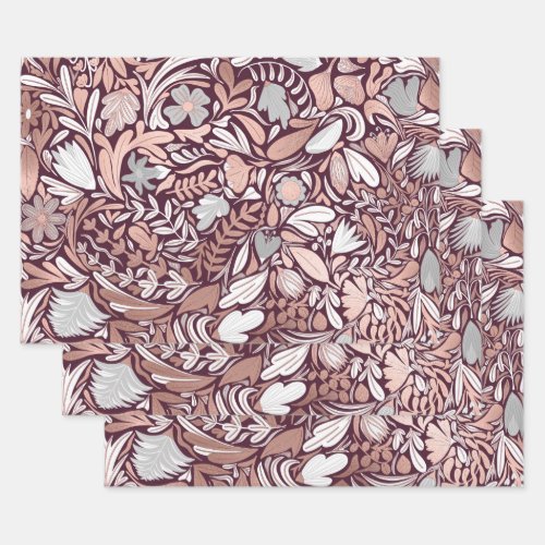 Rose Gold Burgundy Floral Illustration Pattern Wrapping Paper Sheets