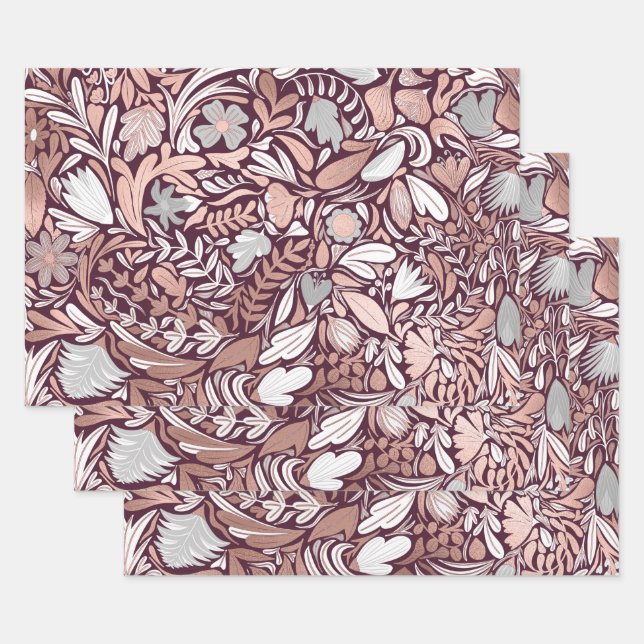 Rose Gold Burgundy Floral Illustration Pattern Wrapping Paper Sheets (Set)