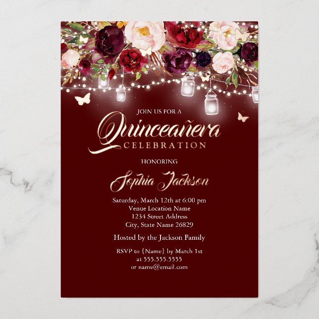 Rose Gold Burgundy Floral Lights Quinceanera  Foil Invitation (Front)