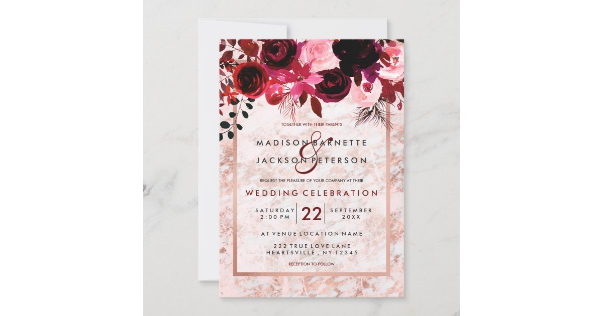 Rose Gold Glittery Wedding Invite with Floral Insert and Burgundy Ribb –  Charm Invites