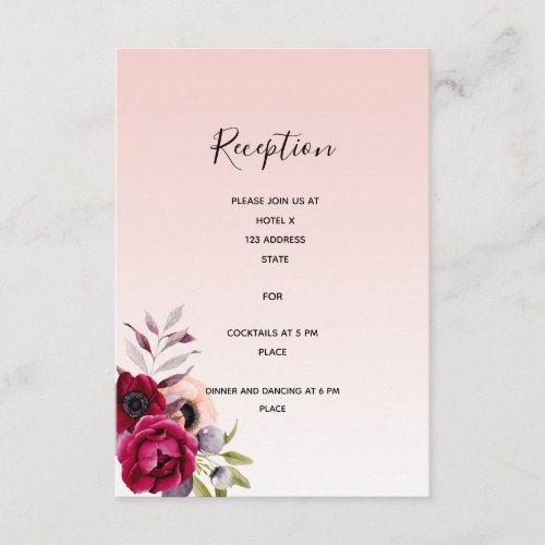 Rose gold burgundy floral wedding reception detail enclosure card