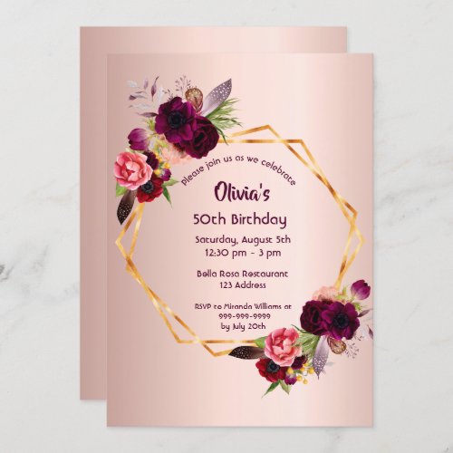 Rose gold burgundy florals geometric birthday invitation