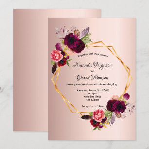 Rose gold burgundy florals geometric wedding invitation