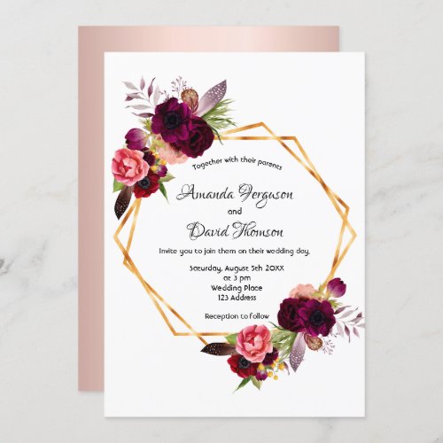 Rose gold burgundy florals geometric white wedding invitation