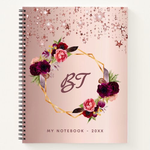 Rose gold burgundy florals monogram stars chic notebook