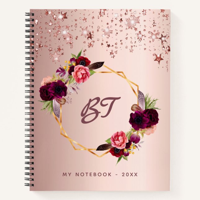 Rose gold burgundy florals monogram stars chic notebook (Front)
