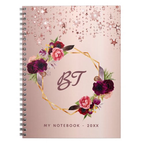 Rose gold burgundy florals monogram stars notebook