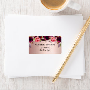 Rose gold burgundy florals return address label
