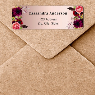 Rose gold burgundy florals return address label