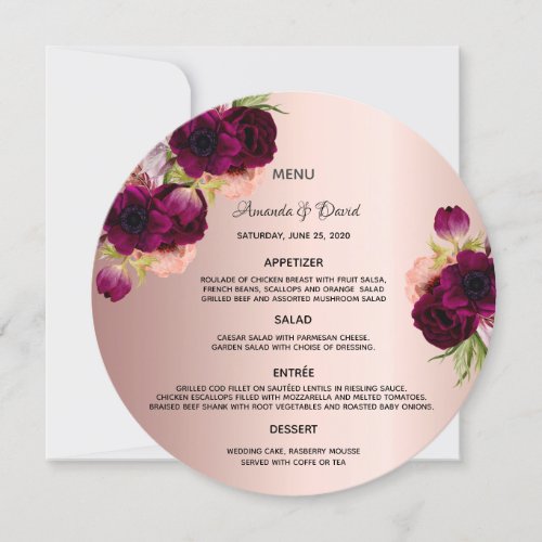 Rose gold burgundy florals wedding menu card