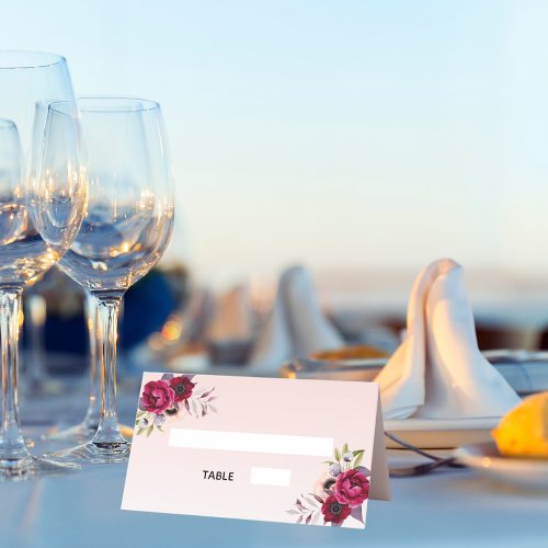 Rose gold burgundy flowers wedding place card