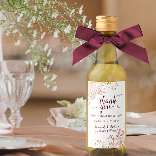 Rose Gold  Burgundy Frilly Wedding Thank You Mini Wine Label