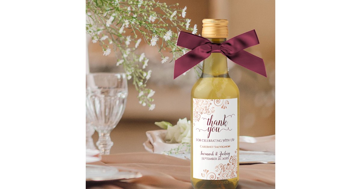 Rose Gold & Burgundy Frilly Wedding Thank You Mini Wine Label | Zazzle