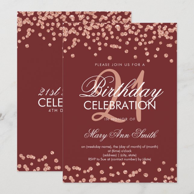 Rose Gold Burgundy Glitter Confetti 21st Birthday Invitation (Front/Back)