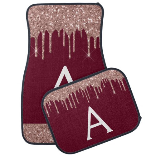 Rose Gold Burgundy Glitter Sparkle Monogram Car Floor Mat