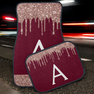 Rose Gold Burgundy Glitter Sparkle Monogram Car Floor Mat