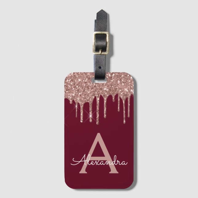 Rose Gold Burgundy Glitter Sparkle Monogram Luggage Tag (Front Vertical)
