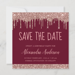 Rose Gold Burgundy Glitter Sweet 16 Save the Date Invitation