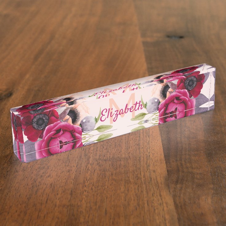 Rose gold burgundy lush flowers name monogram desk name plate | Zazzle