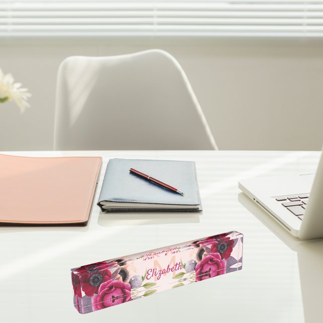 Rose gold burgundy lush flowers name monogram desk name plate (Creator Uploaded)