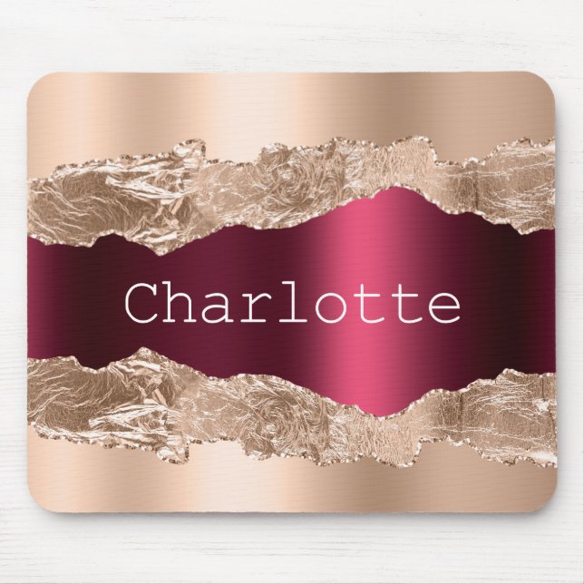 Rose gold burgundy metal agate marble name mouse pad (Front)
