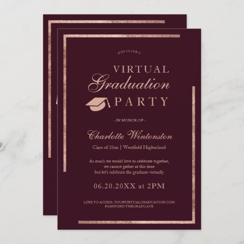 Rose gold burgundy photos virtual Graduation Invitation