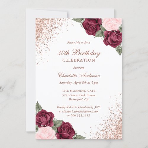 Rose Gold Burgundy Pink Floral 30th Birthday Invitation