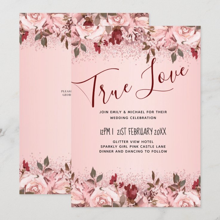 Rose Gold Burgundy Pink Floral Wedding Invitation | Zazzle