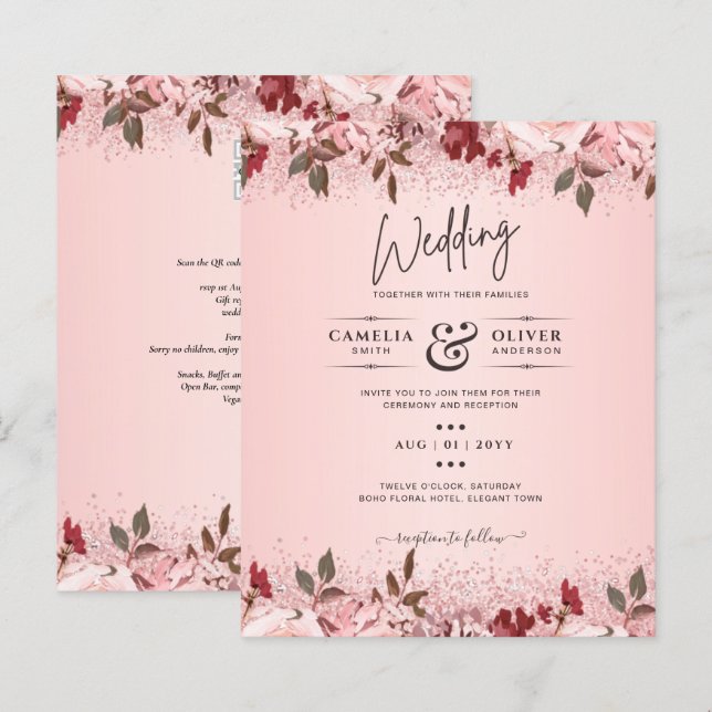 Rose Gold Burgundy Pink Floral Wedding Invites (Front/Back)