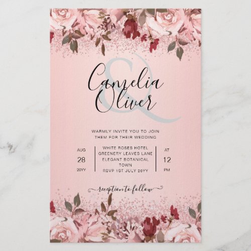 Rose Gold Burgundy Pink Floral Wedding Invites Flyer