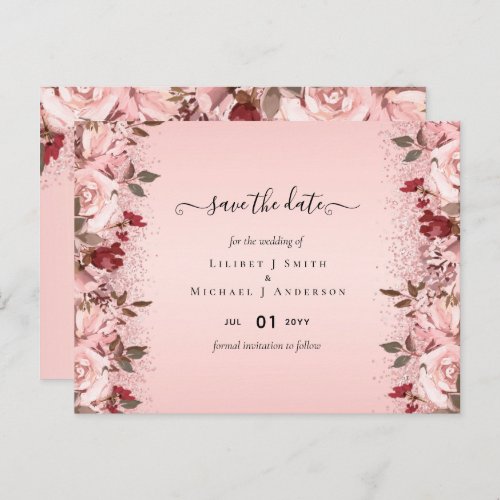 Rose Gold Burgundy Pink Floral Wedding Postcard