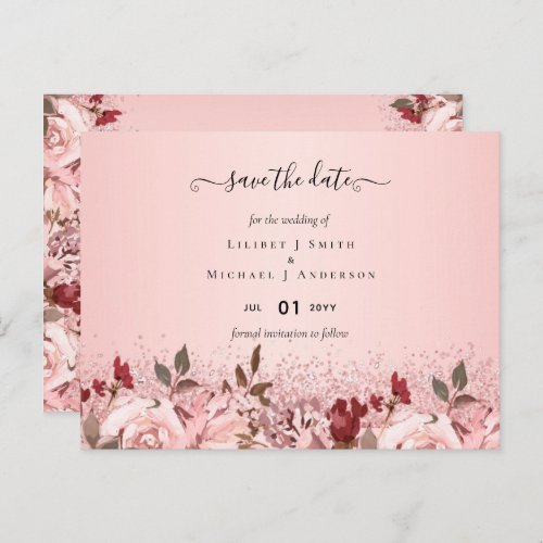 Rose Gold Burgundy Pink Floral Wedding Postcard