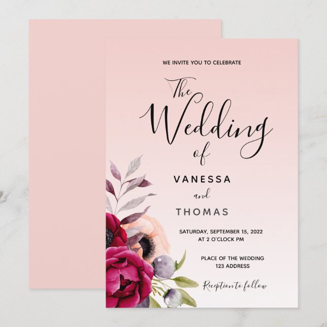 Rose gold burgundy purple florals script wedding invitation (Front/Back)