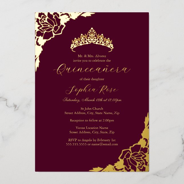 Rose Gold Burgundy Quinceanera Birthday  Foil Invitation (Front)