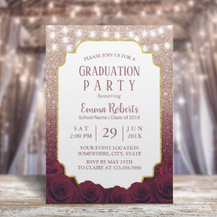 Rose Gold & Burgundy Red Glitter Ombre Graduation Invitation