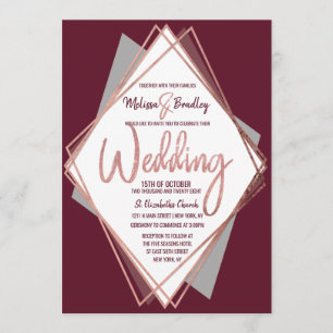 Rose Gold Burgundy Red Gray Geometric Wedding Invitation