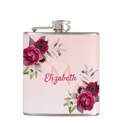 Rose gold burgundy romantic flowers monogram flask