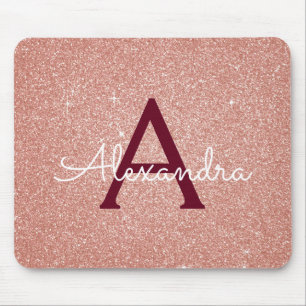 Rose Gold Burgundy Sparkle Glitter Monogram Name Mouse Pad