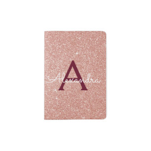 Rose Gold Burgundy Sparkle Glitter Monogram Passport Holder