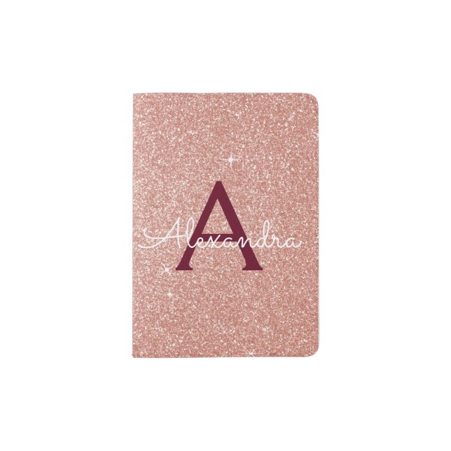 Rose Gold Burgundy Sparkle Glitter Monogram Passport Holder (Front)