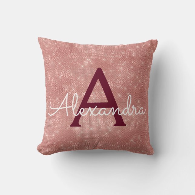 Rose Gold Burgundy Sparkle Monogram Name Throw Pillow (Front)