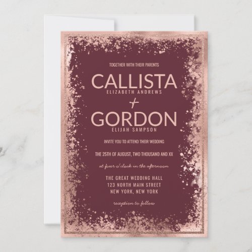 Rose Gold Burgundy Splatter Glitter Border Wedding Invitation