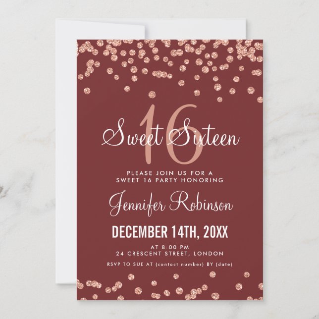 Rose Gold Burgundy Sweet 16 Glitter Confetti Invitation (Front)