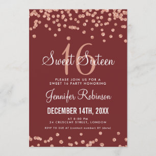 Rose Gold Burgundy Sweet 16 Glitter Confetti Invitation
